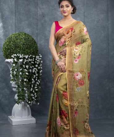 Mahendi Colour Flowers Digital Printed Saree