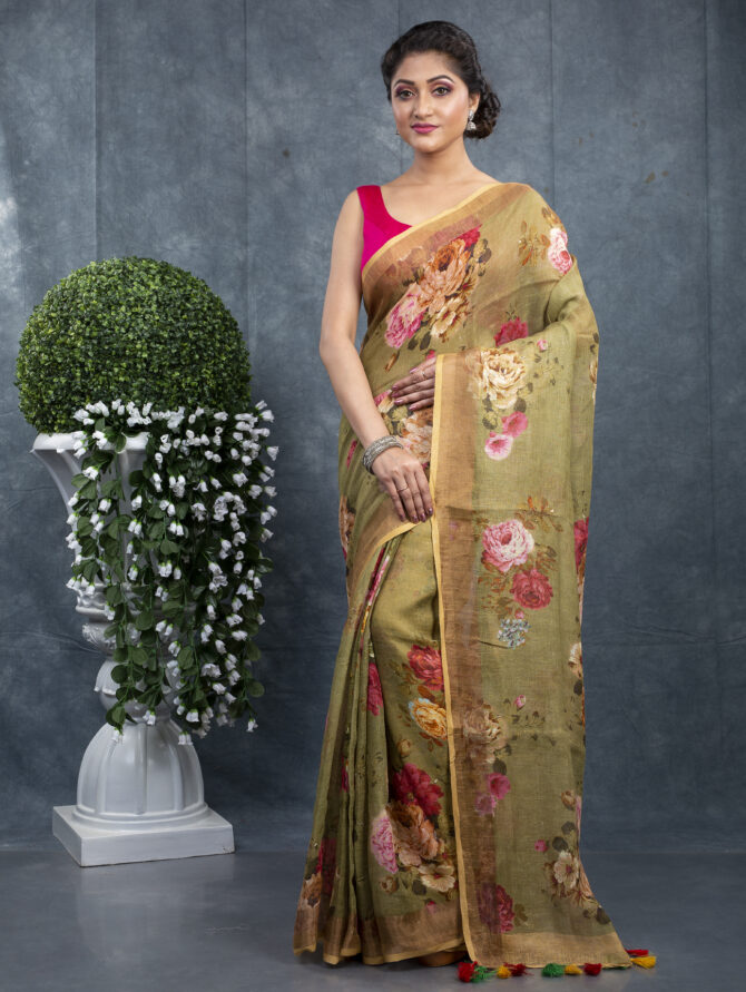 Mahendi Colour Flowers Digital Printed Saree