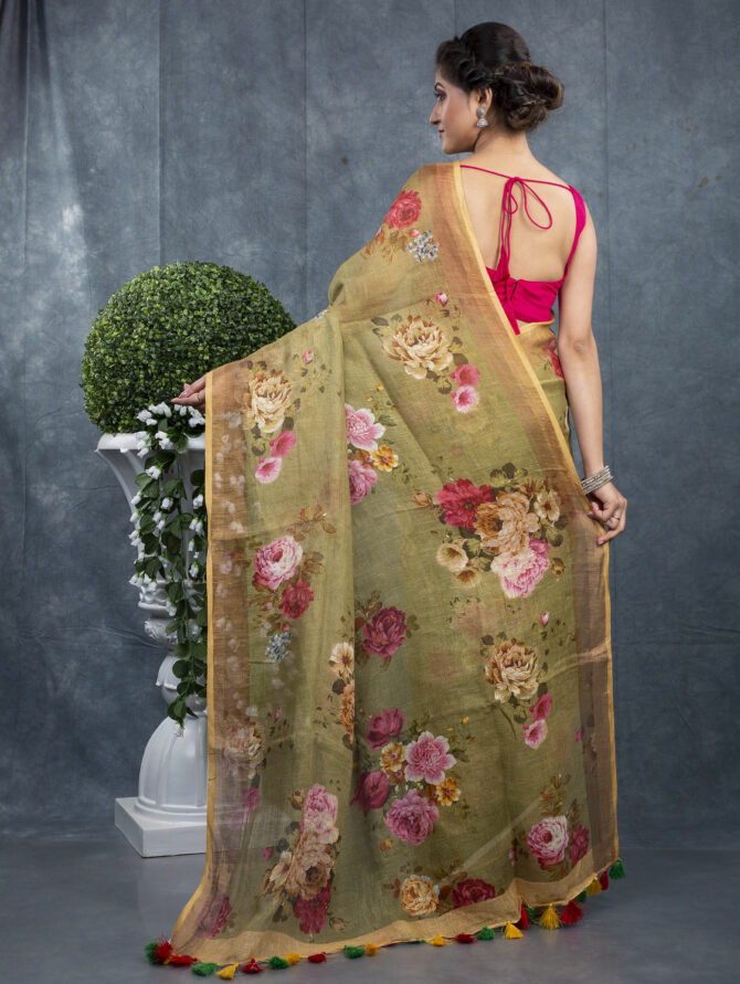 Mahendi Colour Flowers Digital Printed Saree
