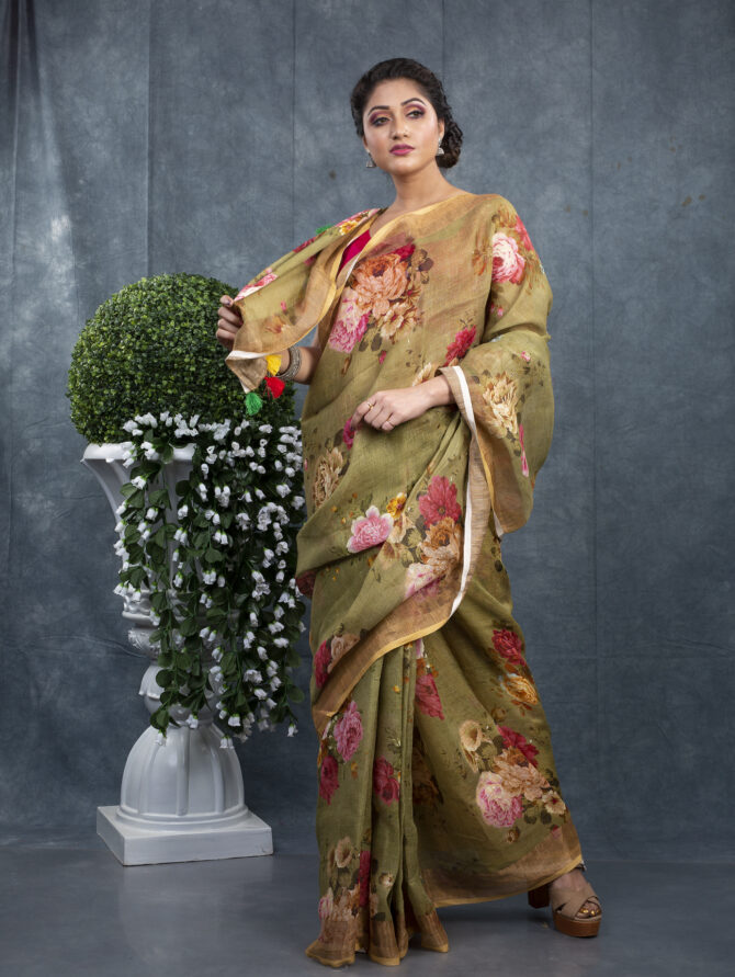 Mahendi Colour Flowers Digital Printed Saree