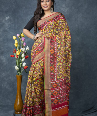 Pure Golden Linen with Gajri Border Patola Digital Printed Saree