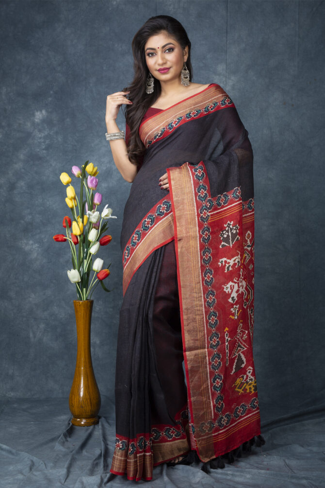 Black-Red Perfect Ajrakh Patola Digital Printed Saree
