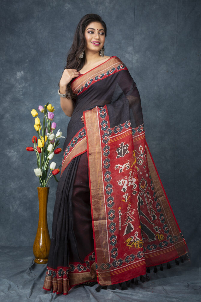 Black-Red Perfect Ajrakh Patola Digital Printed Saree