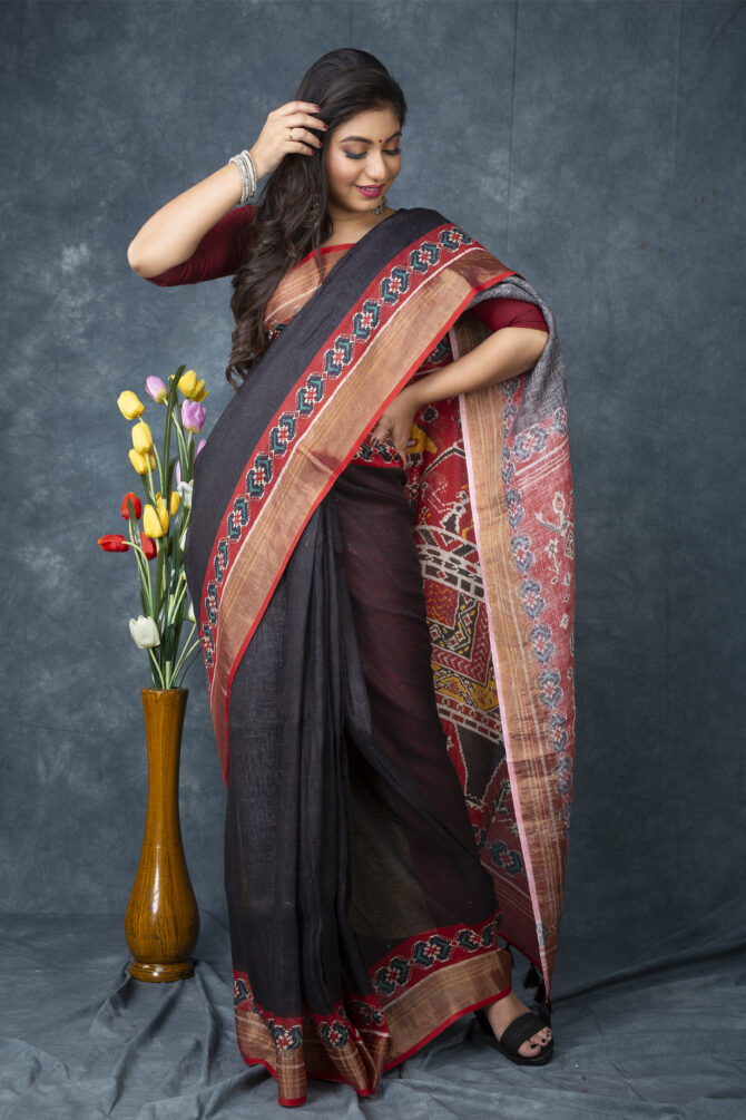 Black-Red Perfect Ajrakh Patola Digital Printed Saree