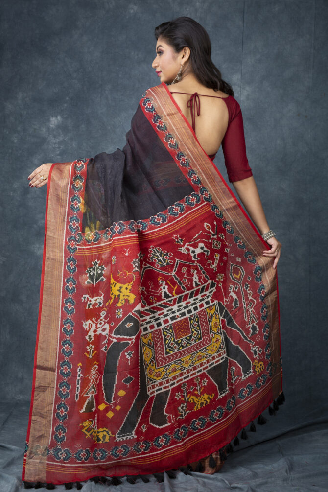 Black-Red Perfect Ajrakh Patola Digital Printed Saree