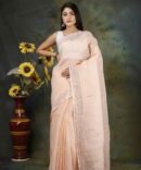 Light Peach Sequence Embroidery Linen Plain Saree