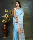 Sky blue Floral Embroidery Linen Saree