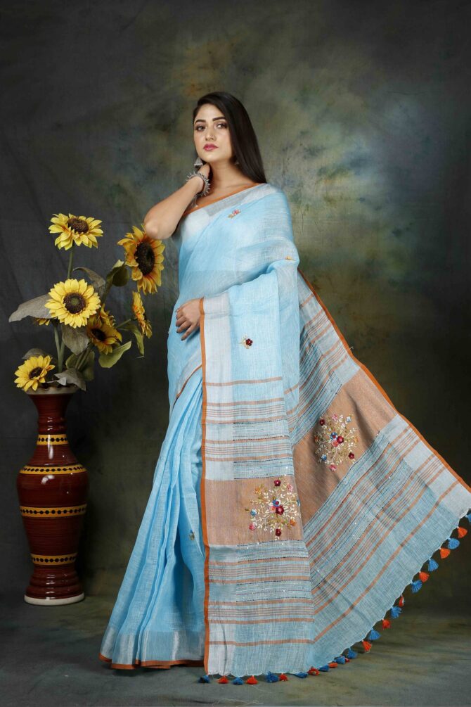 Sky blue Floral Embroidery Linen Saree