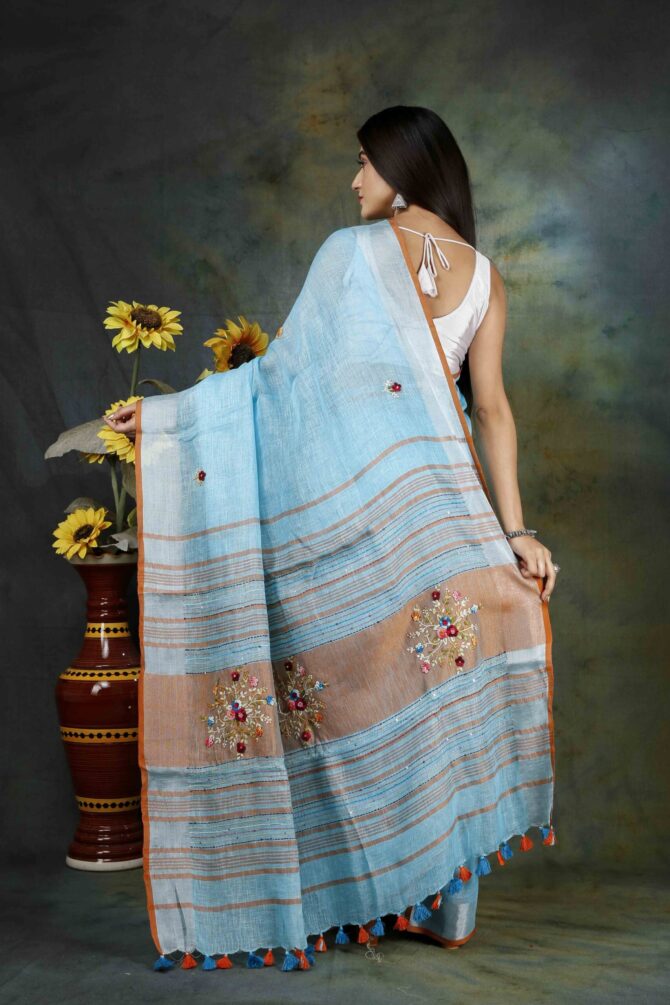 Sky blue Floral Embroidery Linen Saree