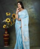 Powder Blue Floral Embroidery Linen Saree