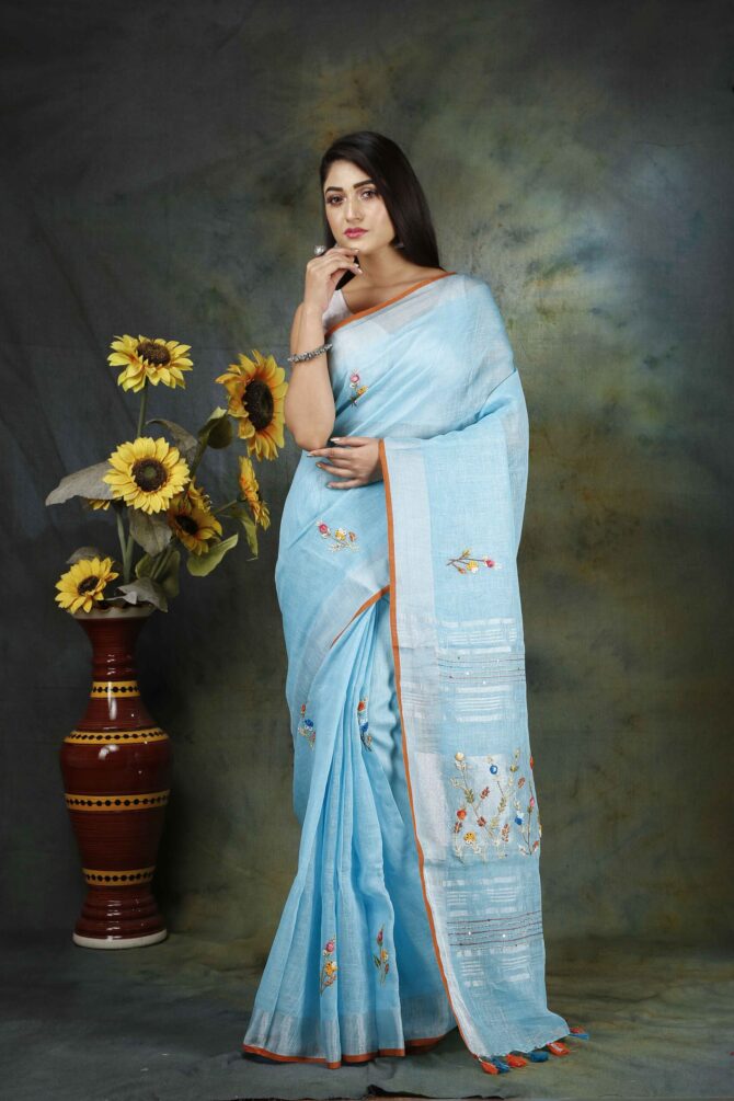 Powder Blue Floral Embroidery Linen Saree