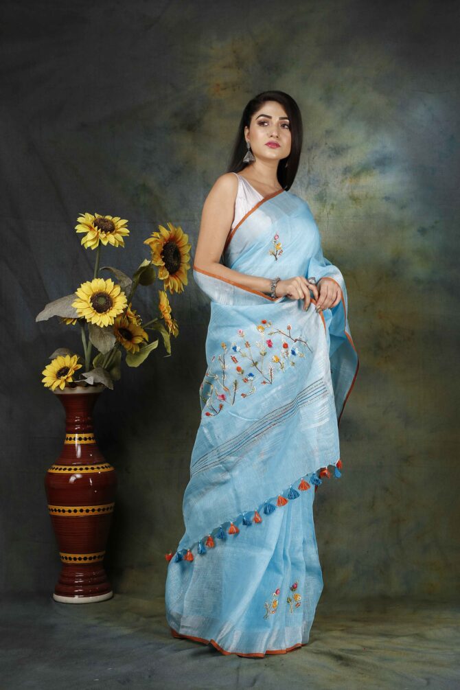 Powder Blue Floral Embroidery Linen Saree