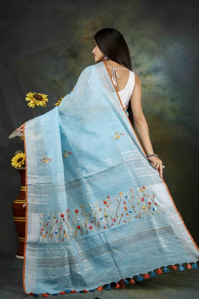 Powder Blue Floral Embroidery Linen Saree