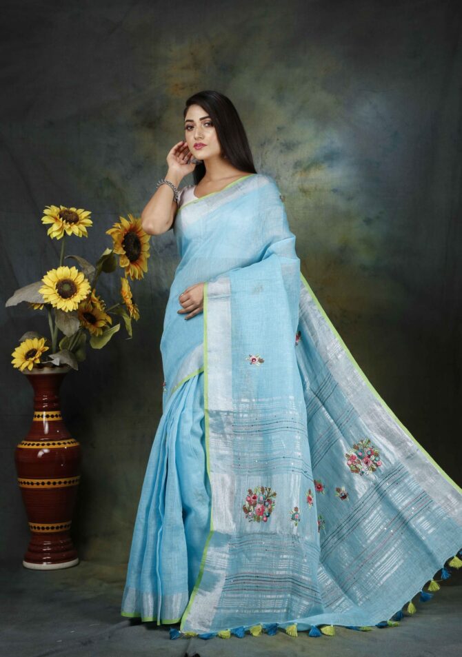 Powder Blue Floral Embroidery Linen Saree