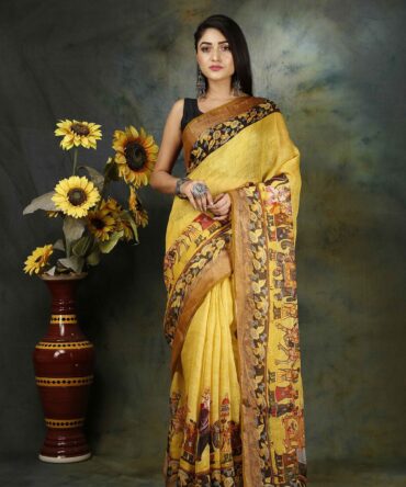 Yellow Raja Maharaja Kalamkari Linen Saree