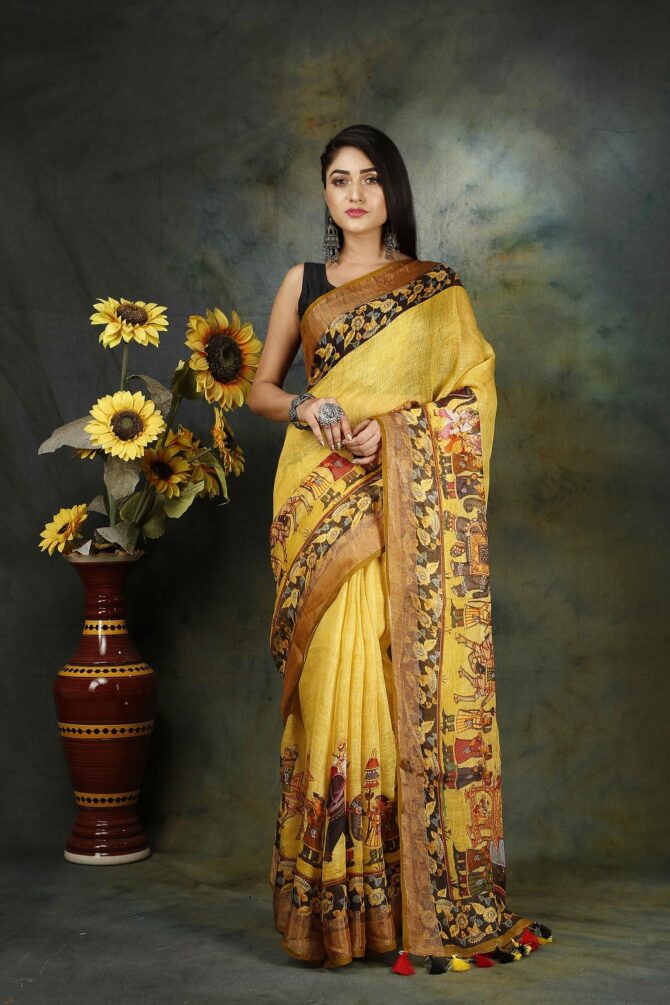 Yellow Raja Maharaja Kalamkari Linen Saree