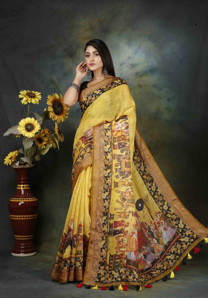 Yellow Raja Maharaja Kalamkari Linen Saree
