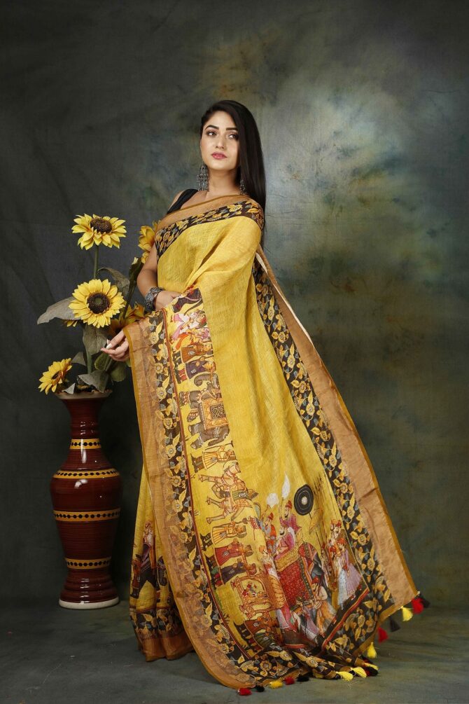 Yellow Raja Maharaja Kalamkari Linen Saree