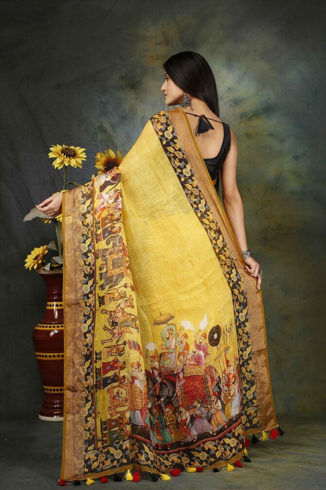 Yellow Raja Maharaja Kalamkari Linen Saree
