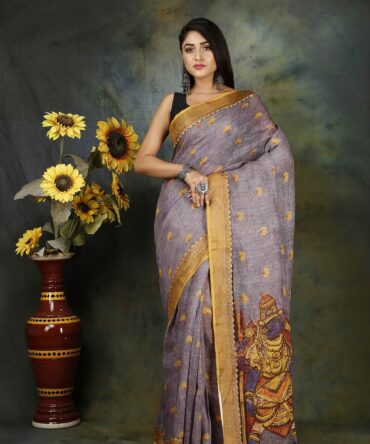 Thristle Purple Kalamkari Linen Digital Print Saree