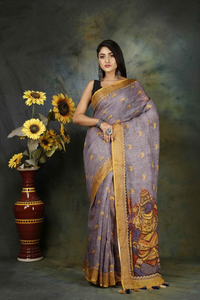 Thristle Purple Kalamkari Linen Digital Print Saree