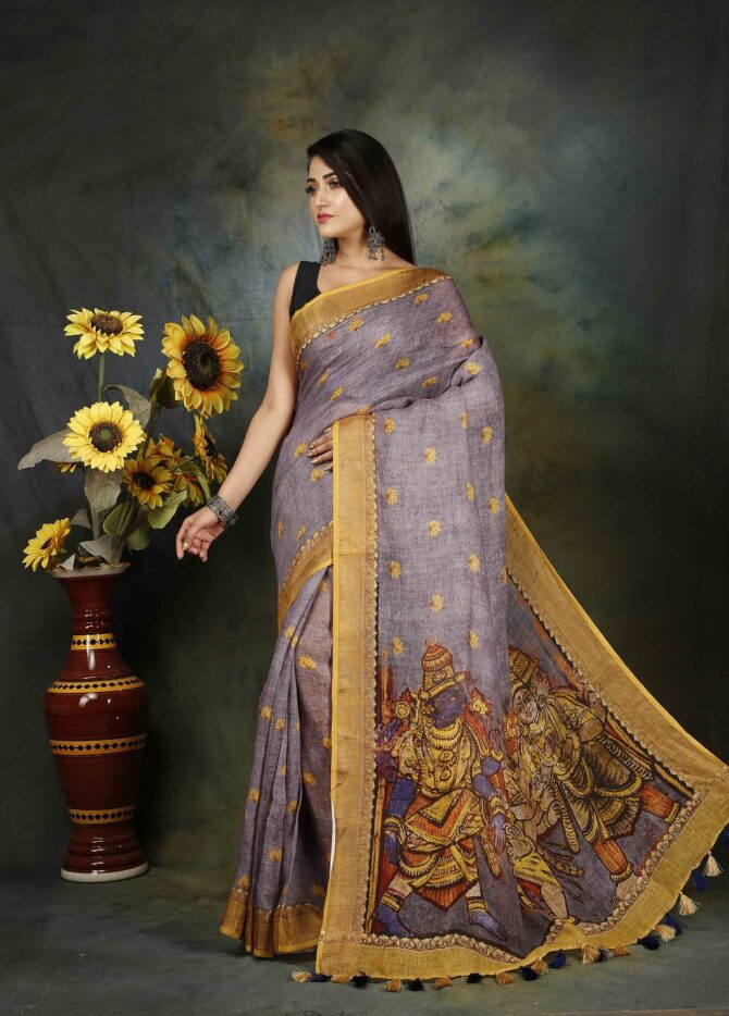 Thristle Purple Kalamkari Linen Digital Print Saree