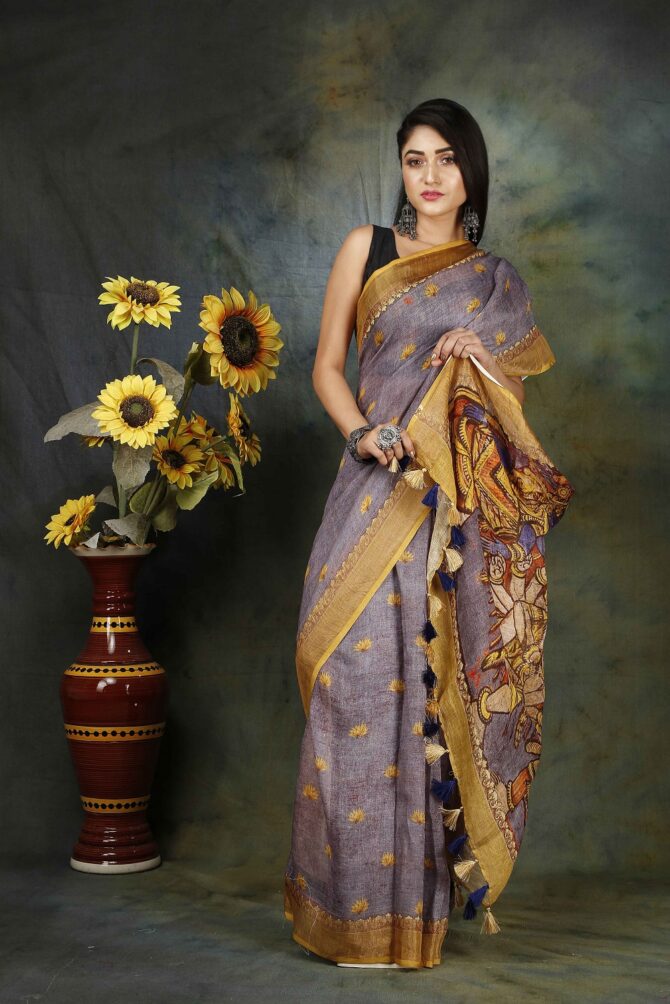 Thristle Purple Kalamkari Linen Digital Print Saree