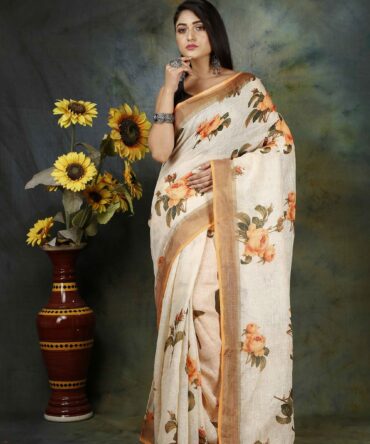 Off white and Orange Floral Linen Digital Print Saree