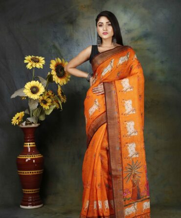 Orange Kalamkari Linen Digital Print Saree