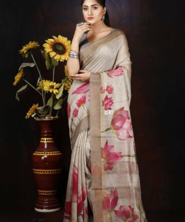 Cream Pink Pichwai Silk Tussar Digital Print Saree