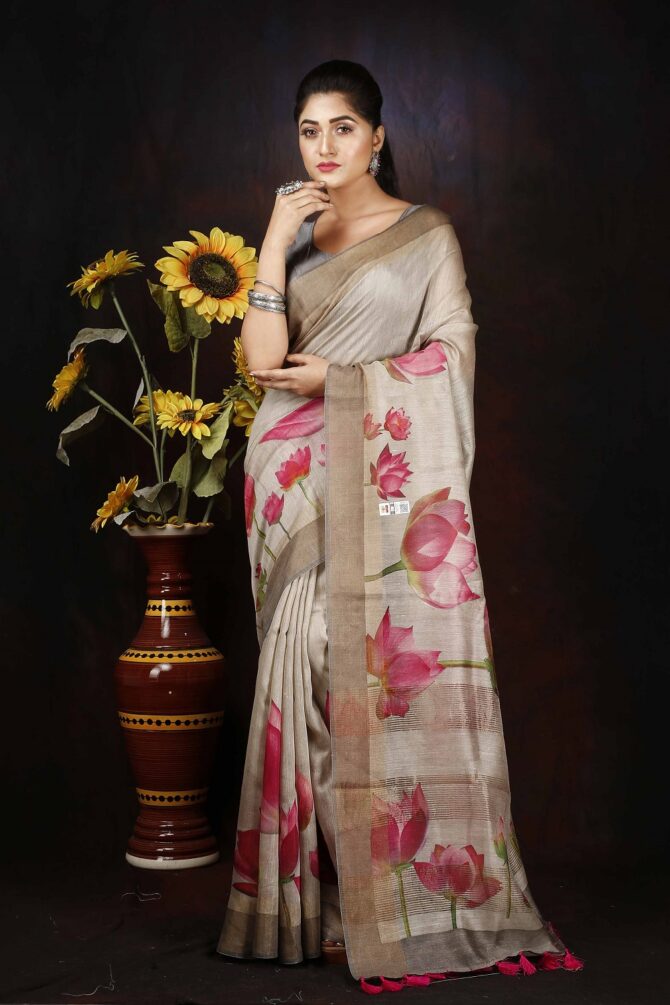 Cream Pink Pichwai Silk Tussar Digital Print Saree