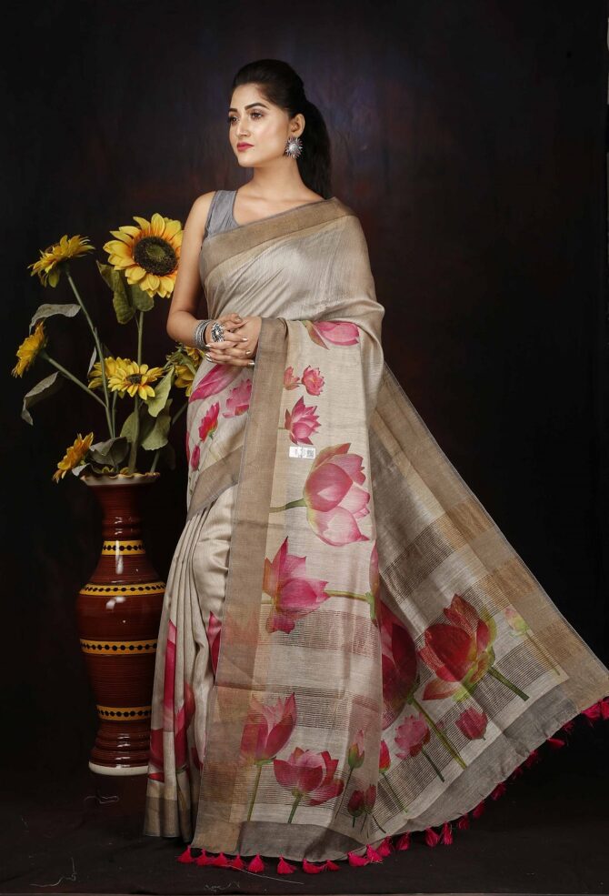 Cream Pink Pichwai Silk Tussar Digital Print Saree