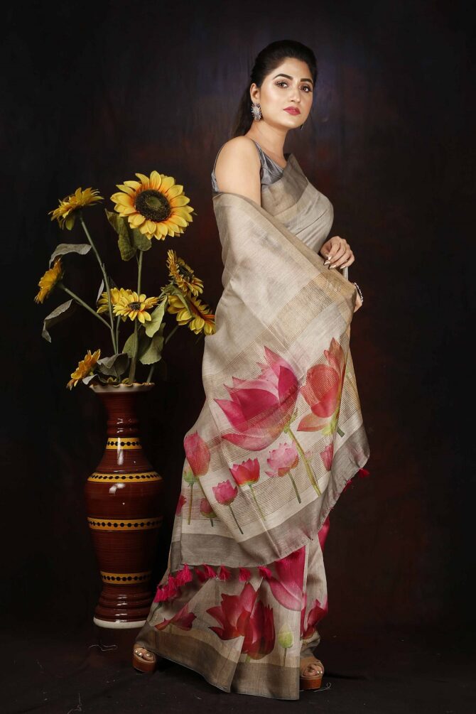 Cream Pink Pichwai Silk Tussar Digital Print Saree