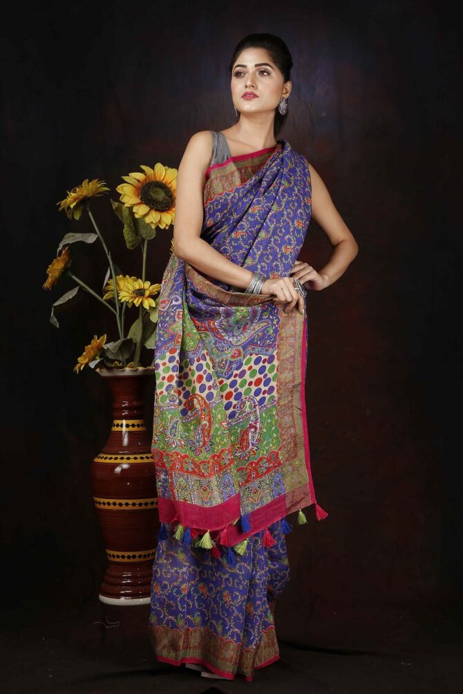 Light Purple Paisley Linen Digital Print Saree