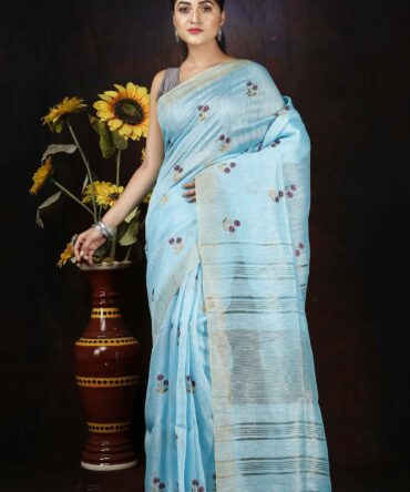 Sky Blue Floral Emboridrey Silk Linen Saree