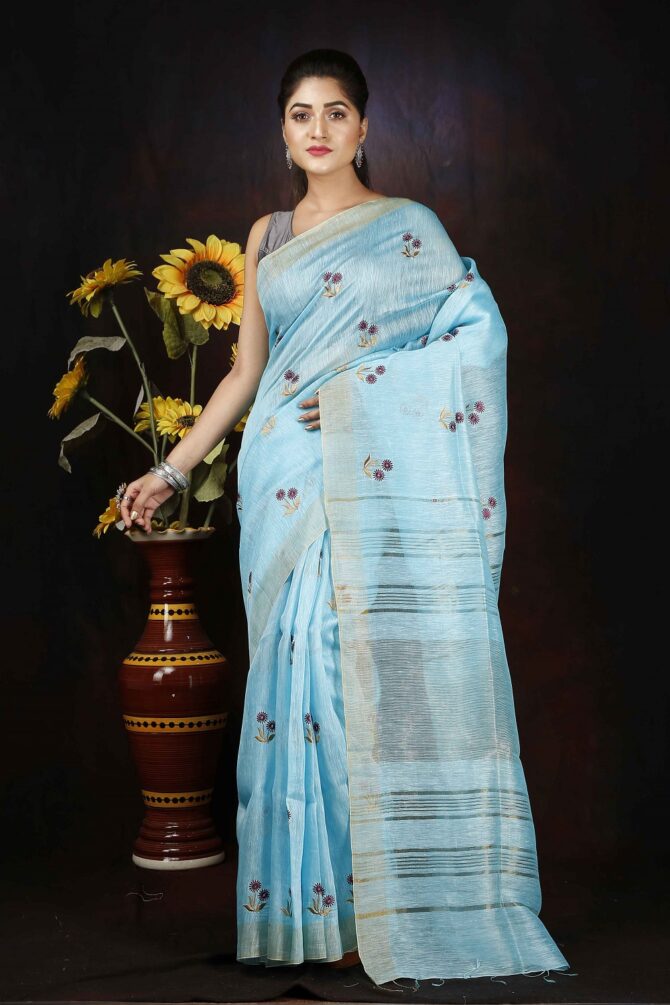 Sky Blue Floral Emboridrey Silk Linen Saree