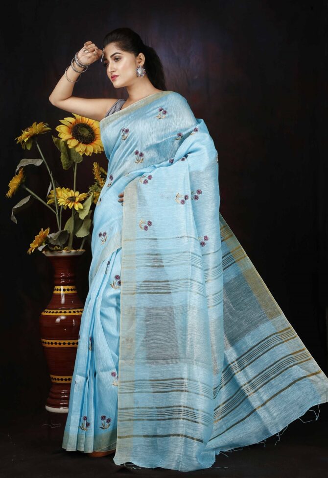 Sky Blue Floral Emboridrey Silk Linen Saree