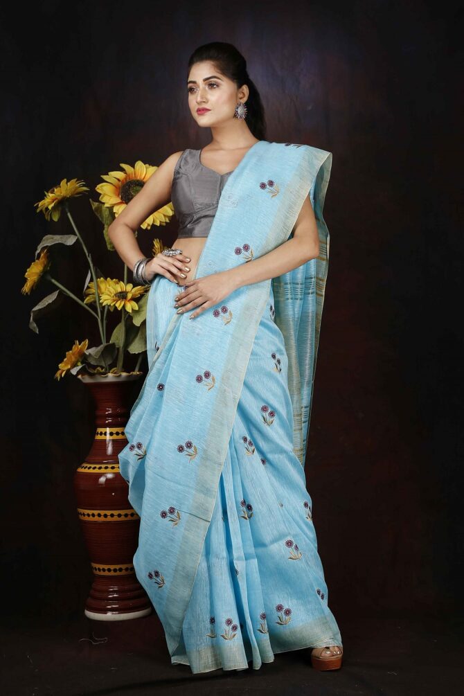 Sky Blue Floral Emboridrey Silk Linen Saree