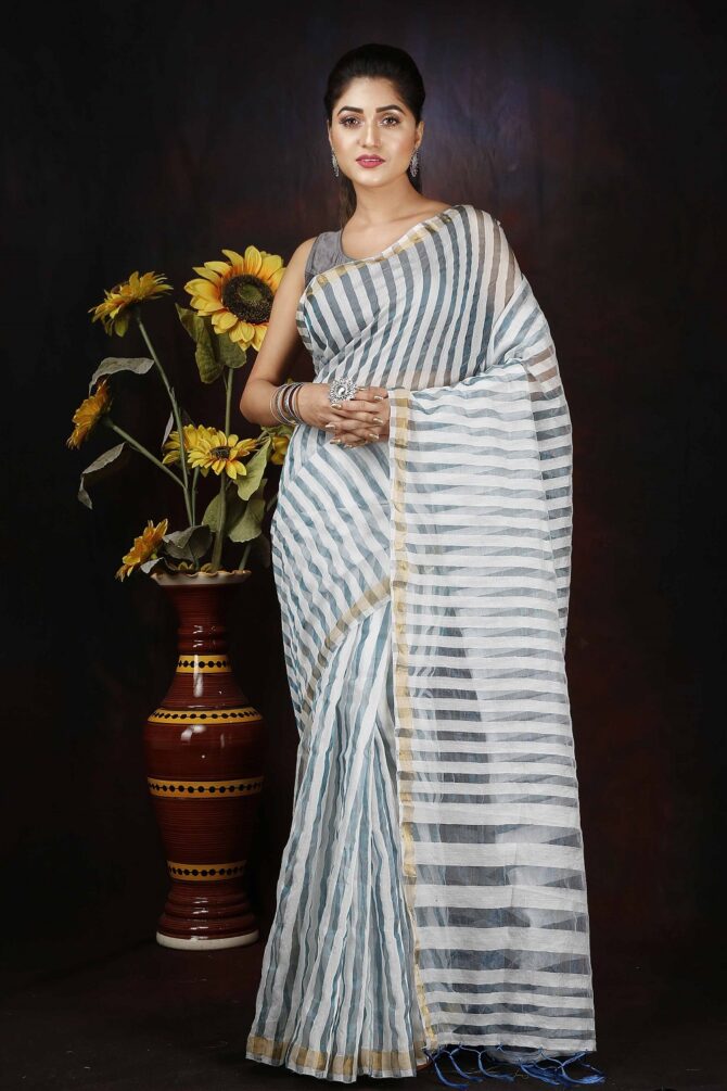 Silver Tissue Linen Solid Saree