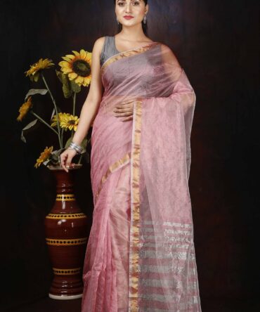 Pink Zari Stripped Pallu Saree