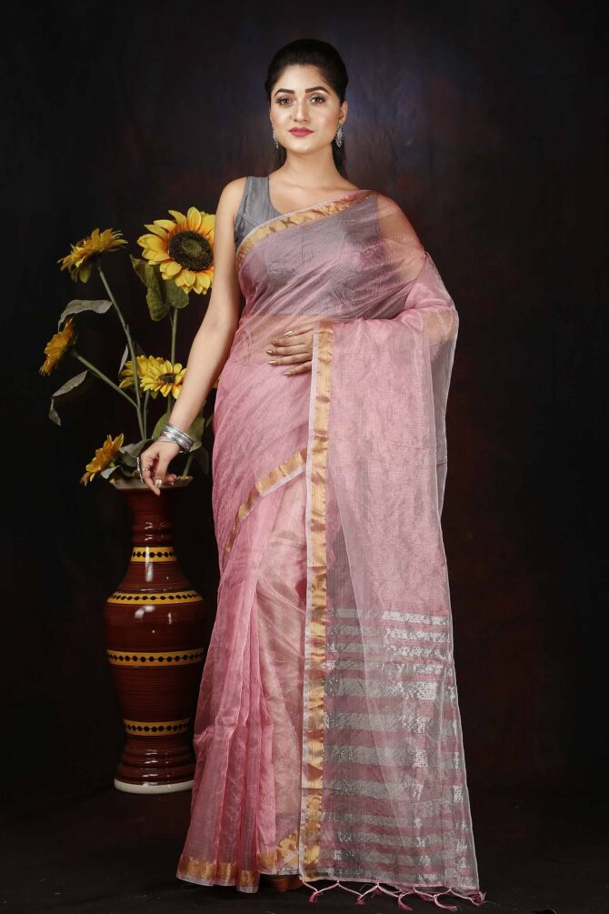 Pink Zari Stripped Pallu Saree