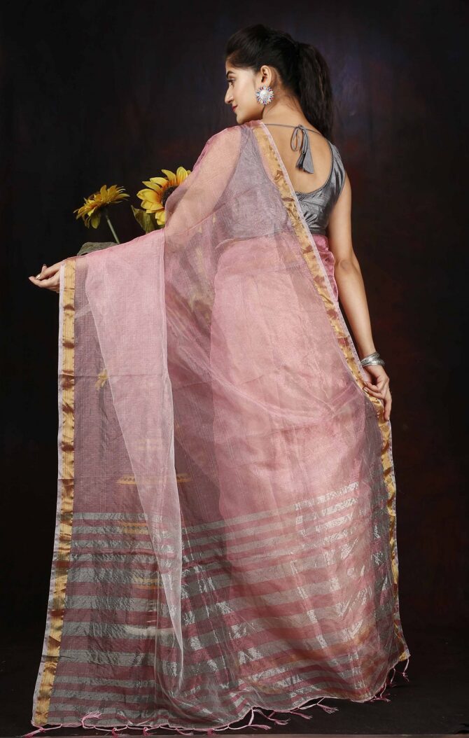 Pink Zari Stripped Pallu Saree