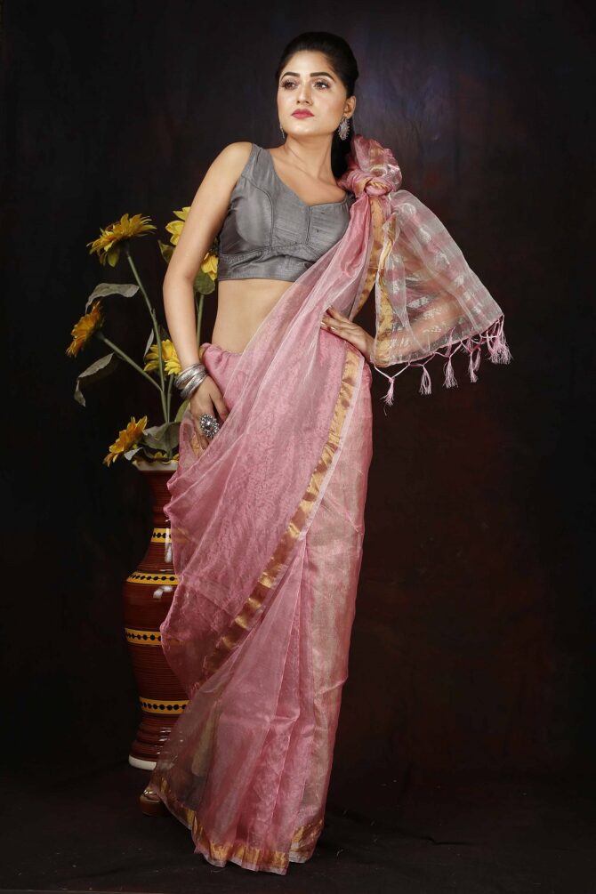 Pink Zari Stripped Pallu Saree
