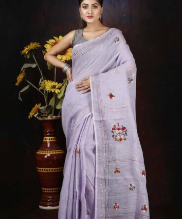 Pinkish Grey Floral Embroidery Linen Saree