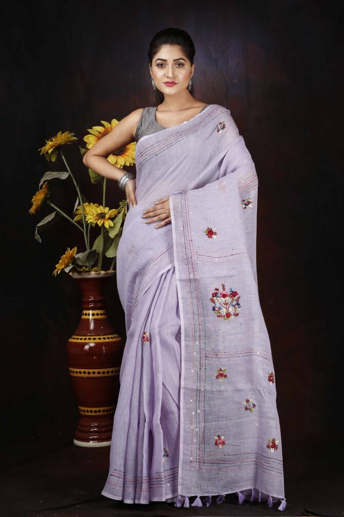 Pinkish Grey Floral Embroidery Linen Saree