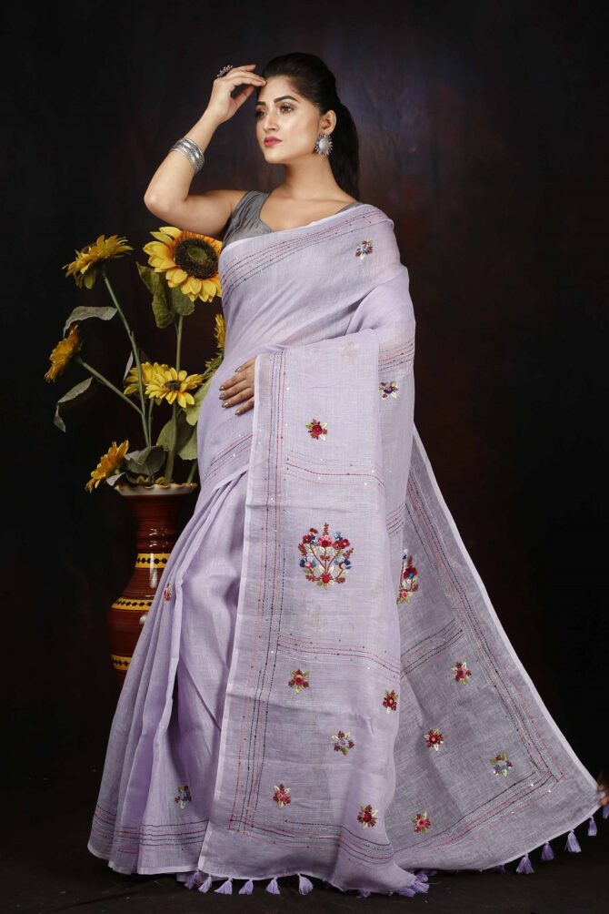 Pinkish Grey Floral Embroidery Linen Saree