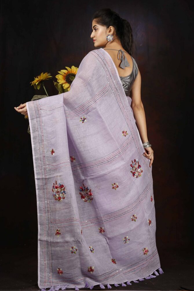 Pinkish Grey Floral Embroidery Linen Saree