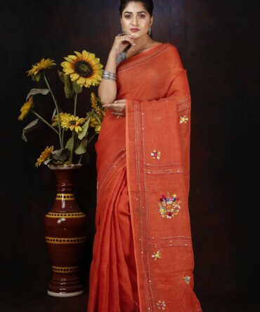 Coral Orange Floral Embroidery Linen Saree
