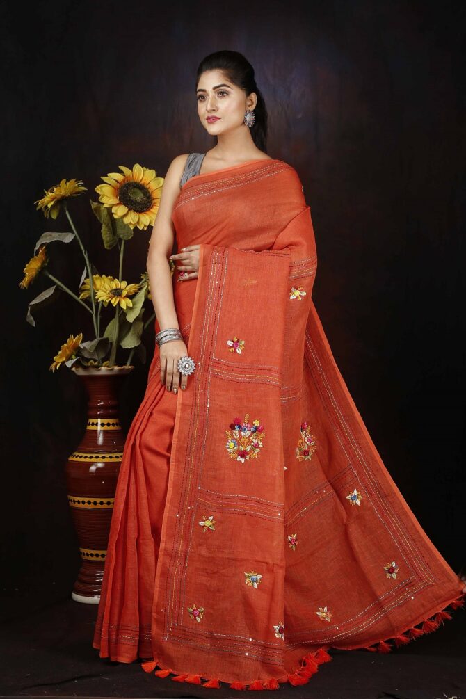 Coral Orange Floral Embroidery Linen Saree