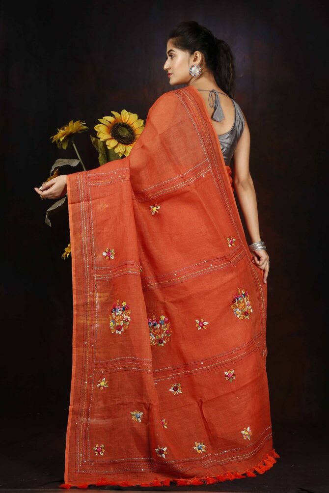 Coral Orange Floral Embroidery Linen Saree